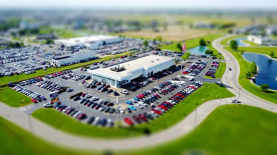 Aerial view of a car dealership lot
