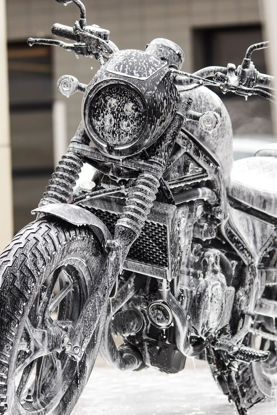 Motorcycle engine covered in foam